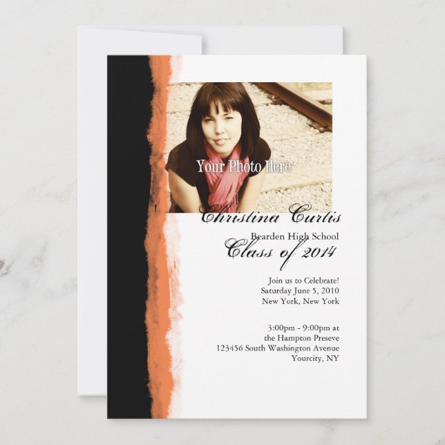 Black and Orange Torn Paper Graduation Invitation (Front)