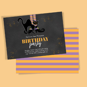 Black and Orange Witch Black Cat Birthday Party Invitation