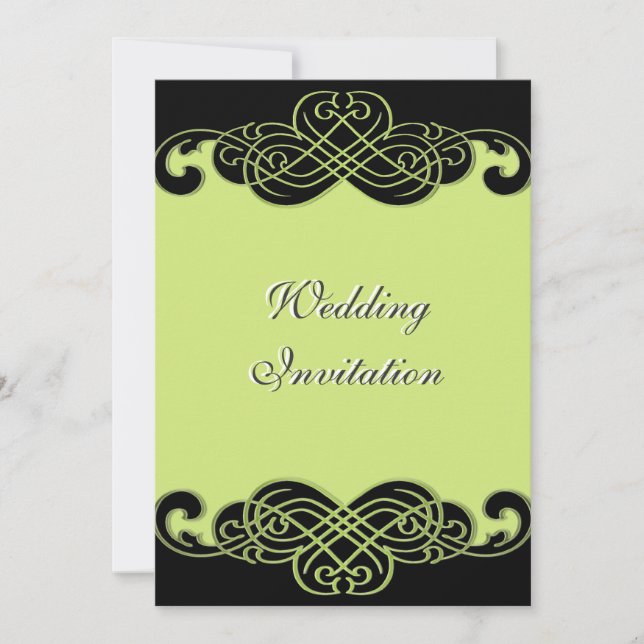 Black and Pear Green Scroll Wedding Invitation (Front)