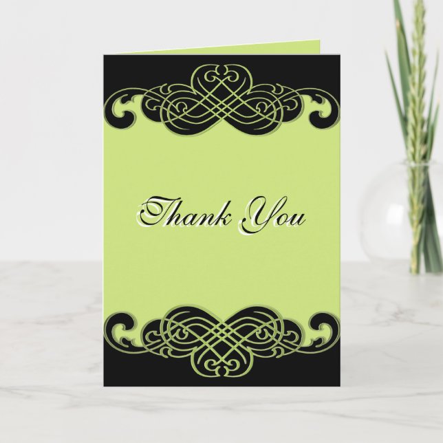 Black and Pear Green Scrolls Thank You Card (Front)
