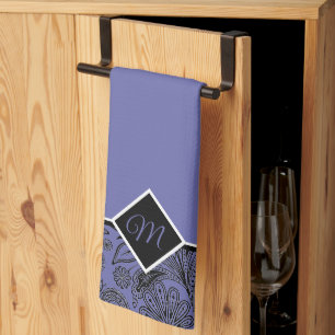 Black and peri paisley monogram kitchen towel