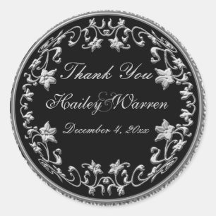 Black and Pewter Floral 3" Diameter Round Sticker