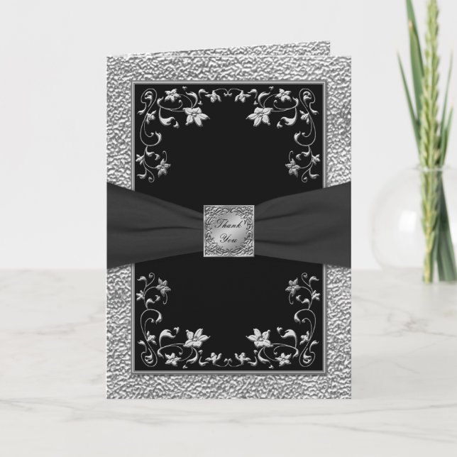 Black and Pewter LOOK Floral Thank You Card (Front)