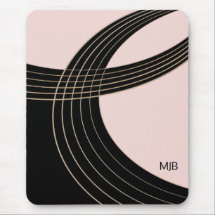 Black and Pink Art Deco Curves with Monogram Mouse Pad