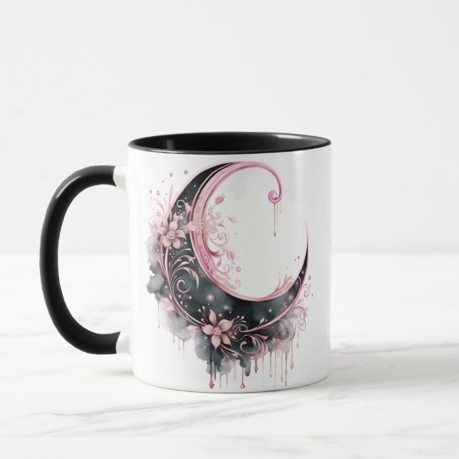 Black and Pink Bohemian Crescent Moon Halloween Mug (Left)