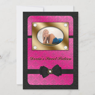 Black and Pink Bowed Sweet Sixteen Photo Invite