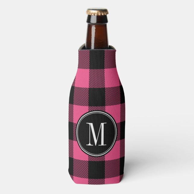 Black and Pink Buffalo Check Monogram Bottle Cooler (Bottle Front)