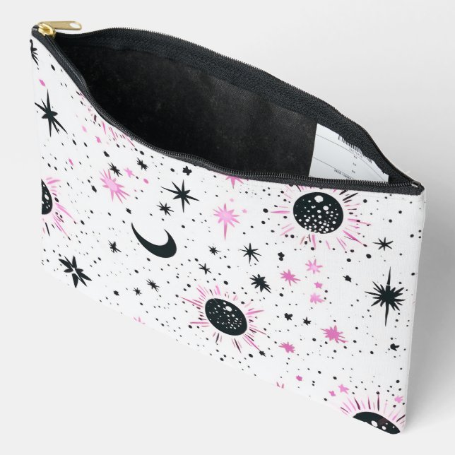 Black and Pink Celestial Sun Moon Stars Accessory Pouch (Open)