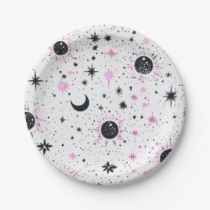 Black and Pink Celestial Sun Moon Stars Paper Plate