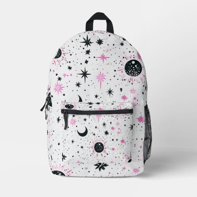 Black and Pink Celestial Sun Moon Stars Printed Backpack (Front)