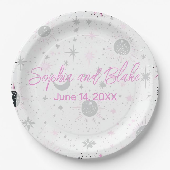 Black and Pink Celestial Wedding Paper Plate (Front)