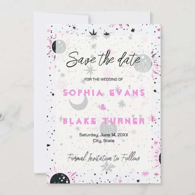 Black and Pink Celestial Wedding Save the Date  Invitation (Front)