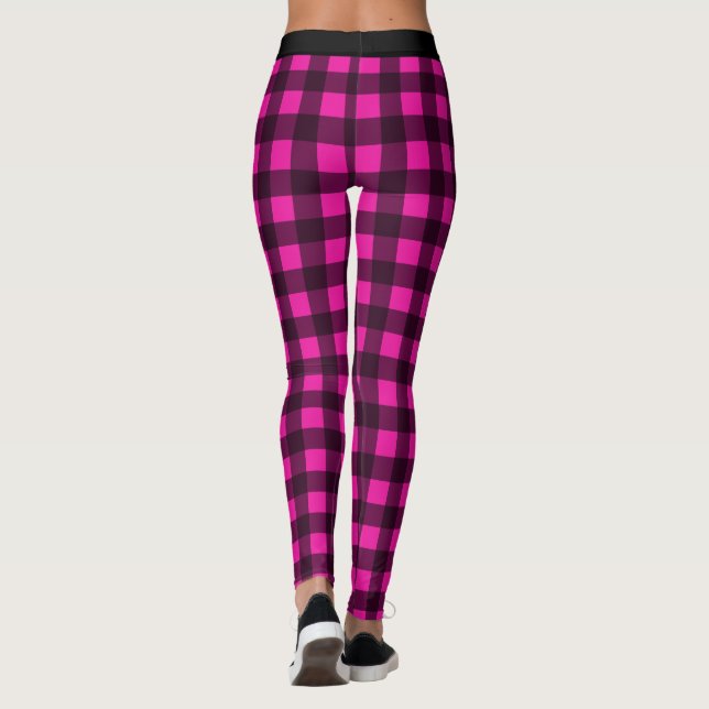 Black and Pink Check Buffalo Plaid Leggings (Back)