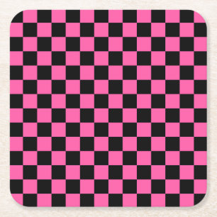 Black and pink checkerboard pattern square paper coaster