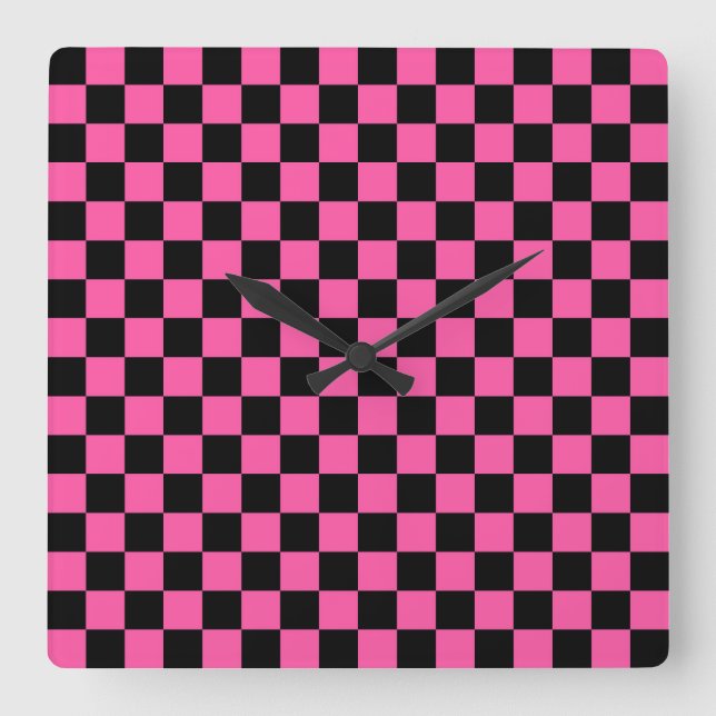 Black and pink checkerboard pattern square wall clock (Front)
