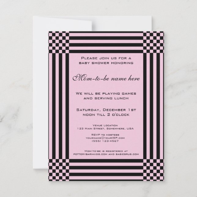 Black and Pink Checkers Stripes Baby Shower Invitation (Front)