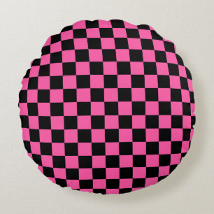 Black and pink chequerboard pattern round cushion
