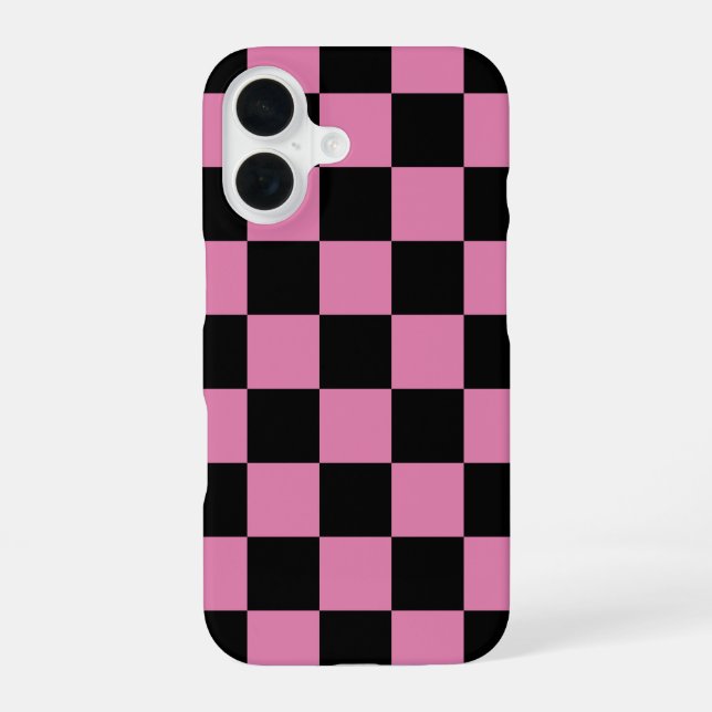 Black and Pink Chequered Print iPhone 16 Case (Back)