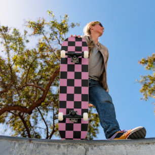 Black and Pink Chequered Print Skateboard