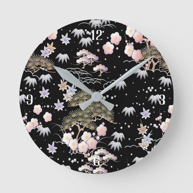 Black and Pink Cherry Blossom Floral Modern Asian Round Clock (Front)