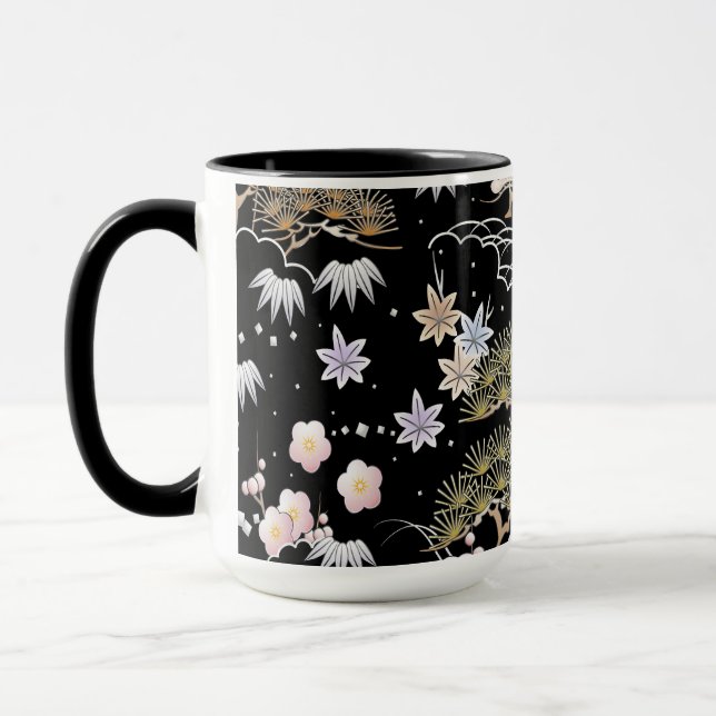 Black and Pink Cherry Blossom Floral Pattern  Mug (Left)