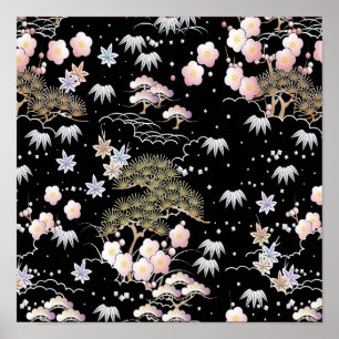 Black and Pink Cherry Blossom Tree Sakura Pattern Poster