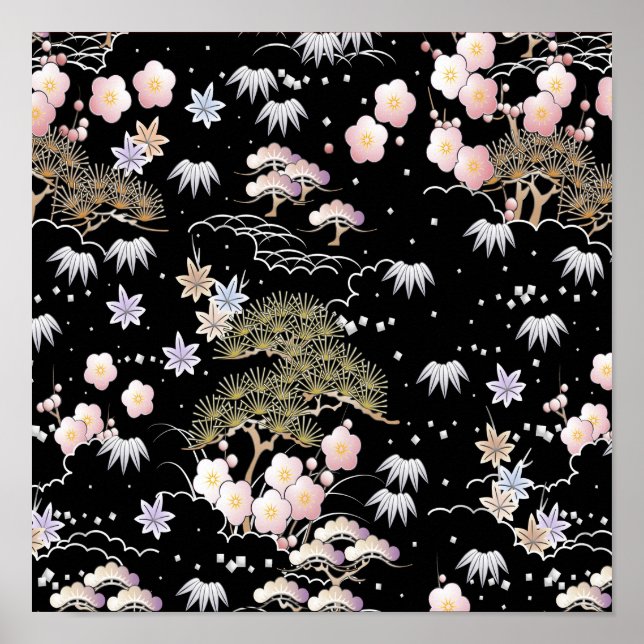 Black and Pink Cherry Blossom Tree Sakura Pattern Poster (Front)