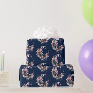 Black and Pink Crescent Moon Pattern Halloween Wrapping Paper