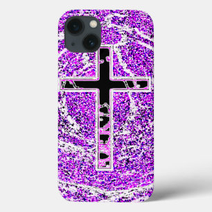 BLACK AND PINK CROSS WITH PURPLE BACKGROUND iPhone 13 CASE