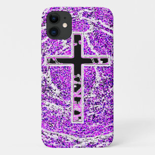 BLACK AND PINK CROSS WITH PURPLE BACKGROUND iPhone 11 CASE