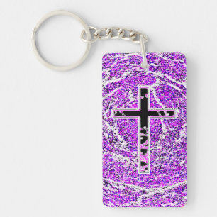 BLACK AND PINK CROSS WITH PURPLE BACKGROUND KEY RING