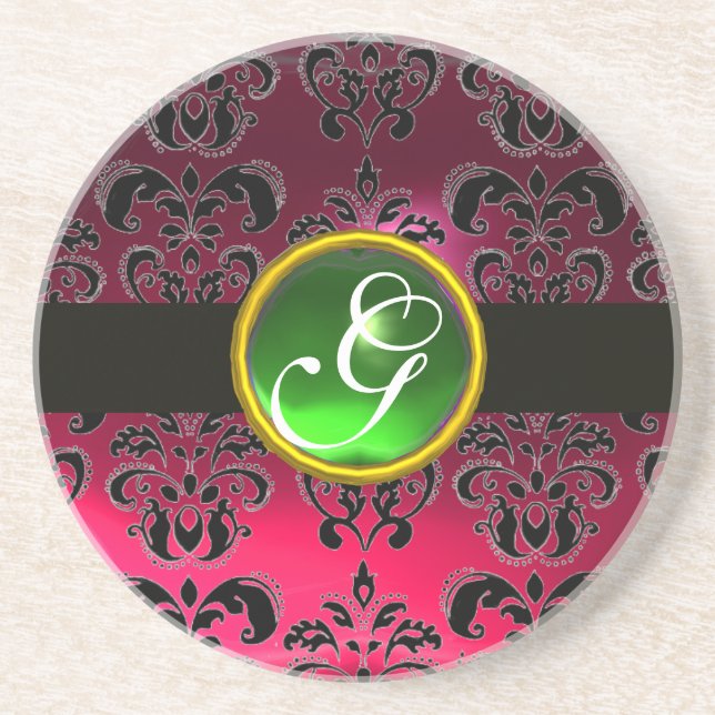 BLACK AND PINK DAMASK  Green Emerald Monogram Coaster (Front)