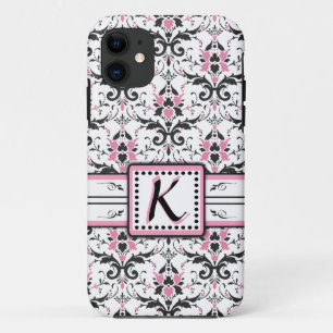 Black and Pink Damask Monogram iPhone 11 Case