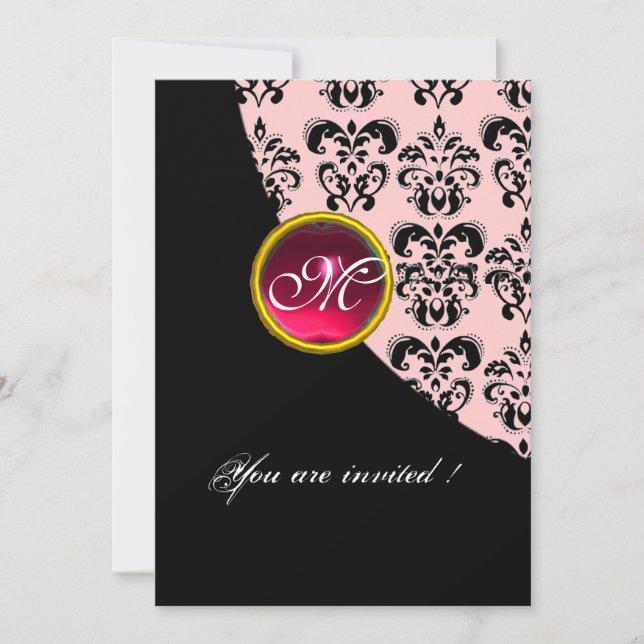 BLACK AND PINK DAMASK MONOGRAM,red ruby Invitation (Front)