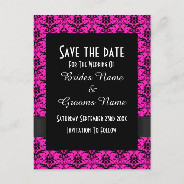 Black and pink damask save the date announcement postcard (Front)