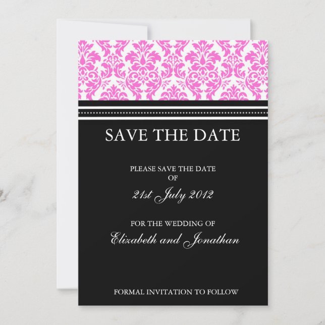 Black and Pink Damask Save The Date Postcard (Front)