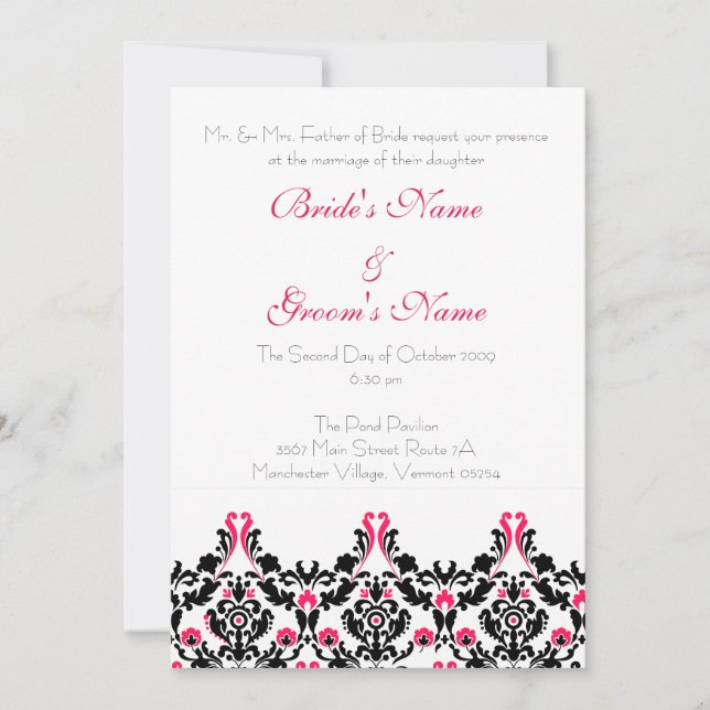 Black and Pink Damask Wedding Invitation (Front)