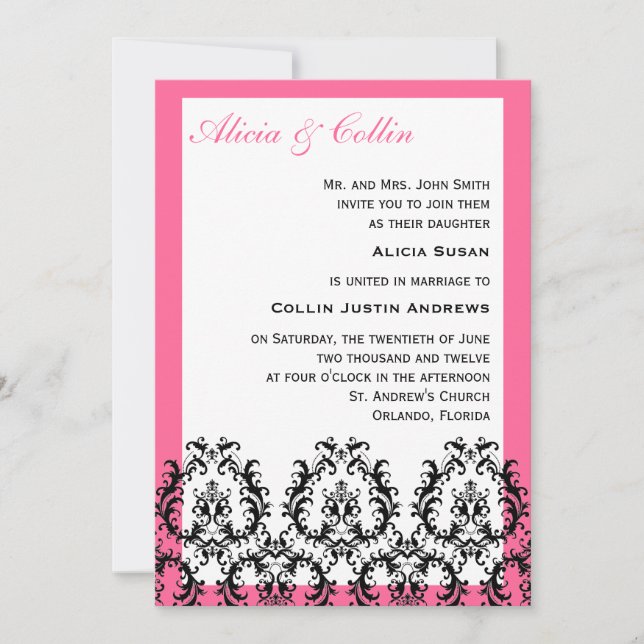 Black and Pink Damask Wedding Invitations (Front)