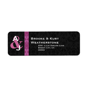 Black and Pink Damask Wedding Monogram Ver D001 Return Address Label