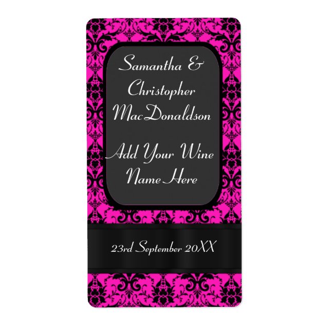 Black and pink damask wedding wine bottle (Front)