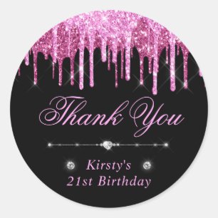 Black and Pink Dripping Glitter Birthday Classic Round Sticker