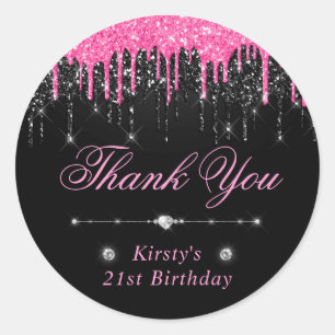 Black and Pink Dripping Glitter Birthday Classic Round Sticker