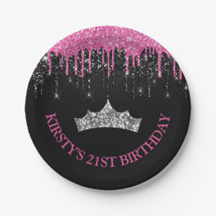 Black and Pink Dripping Glitter Birthday Paper Plate