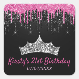 Black and Pink Dripping Glitter Birthday Square Sticker