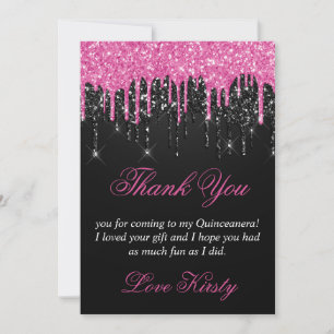 Black and Pink Dripping Glitter Quinceanera Thank You Card