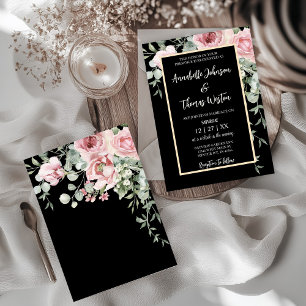 Black and Pink Floral Boho Wedding Invitation 