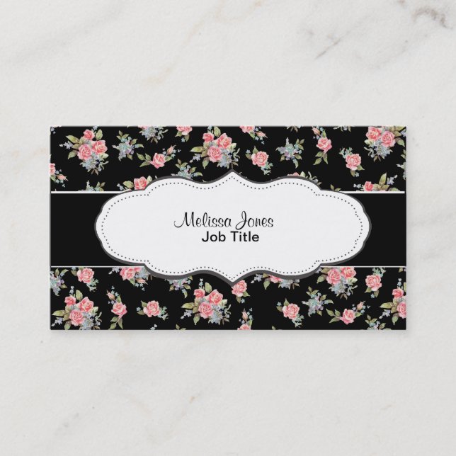 Black and Pink Floral Rose pattern Business Card (Front)
