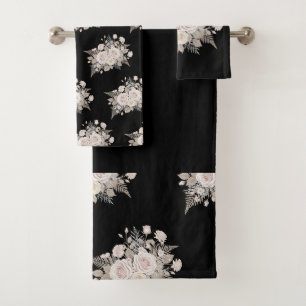 Black and pink flowers modern decorative bathroom bath towel set