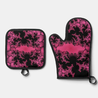 black and pink fractal  oven mitt & pot holder set
