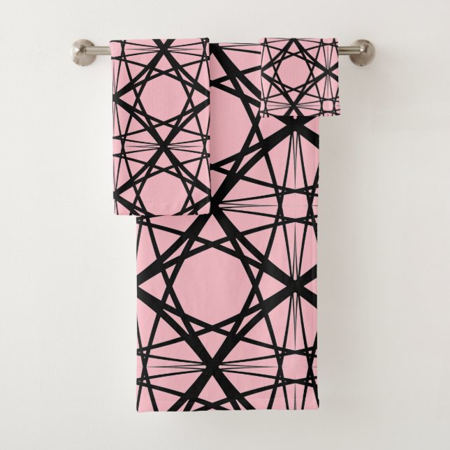 Black and Pink Geometric Art Bath Towel Set (Insitu)